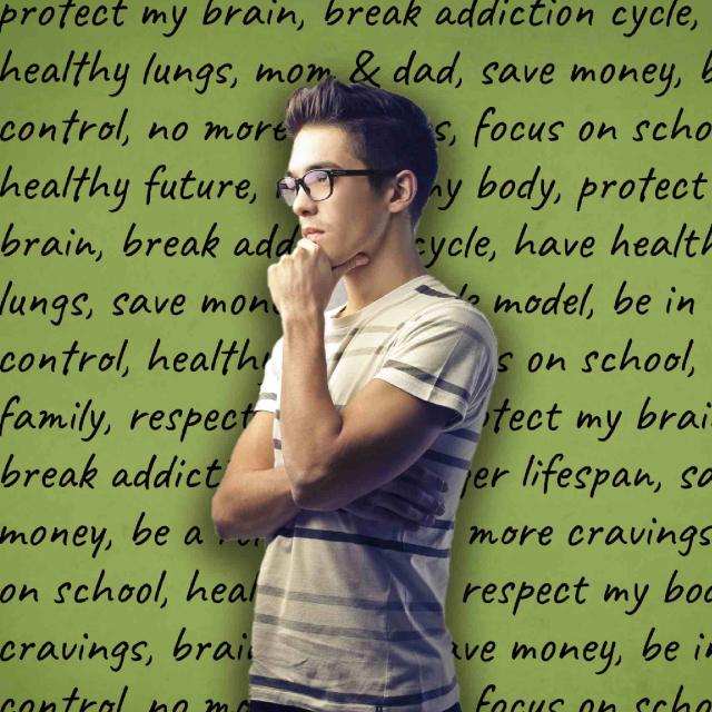 teenage boy in pondering pose staring into distance with list of reasons to quit listed in background, such as friends, health, and family.