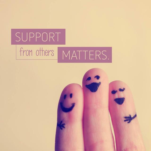 Photo of three fingers with drawings on them to look like people hugging with text saying "support from others matters."