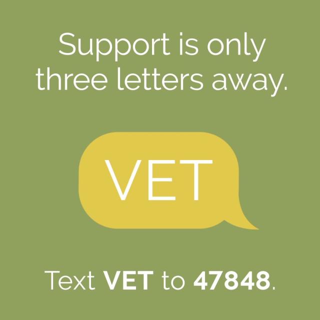 the word vet in speech bubble and text stating support is only three letters away. text vet to 47848