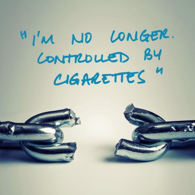 Photo of a broken metal chain with text saying "I'm no longer controlled by cigarettes."